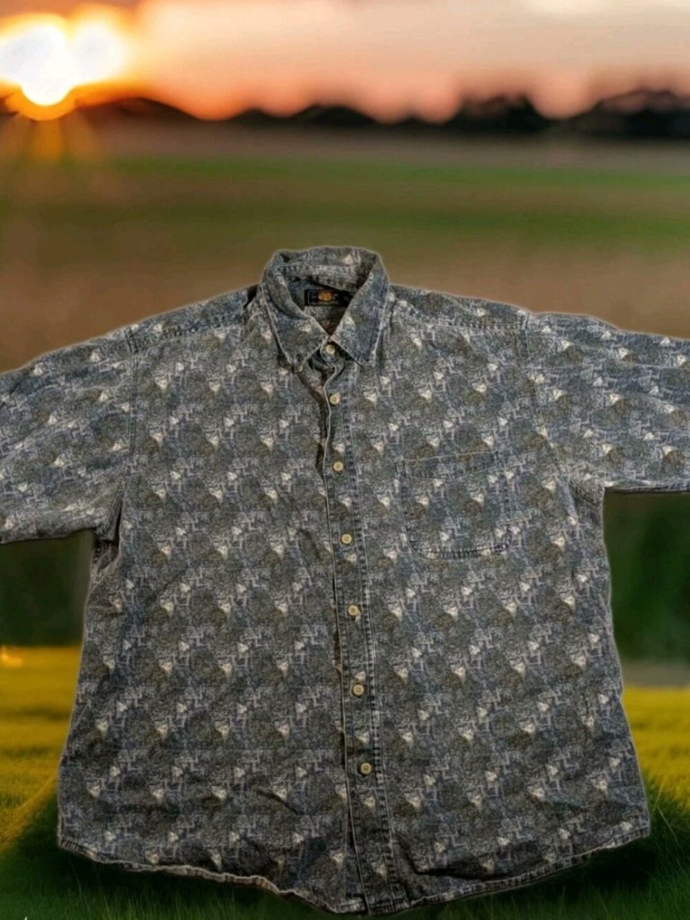 Vintage Route 66 Men's L Short Sleeve Button Down Shirt With Geometric Pattern